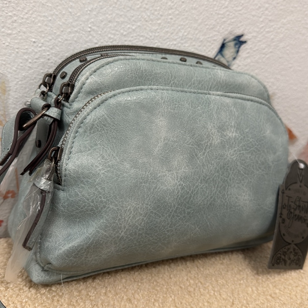 T-Shirt & Jeans Light Blue Studded Crossbody Handbag - Slate Blue - Picture 3 of 10